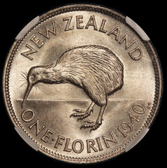 1940 New Zealand Florin Kiwi Silver Coin - NGC MS 64 - KM# 10.1