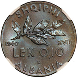 1940-R Albania 0.10 Lek Aluminum-Bronze Coin - NGC MS 65 - KM# 28