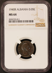 1940-R Albania 0.05 Lek Aluminum-Bronze Coin - NGC MS 64 - KM# 27