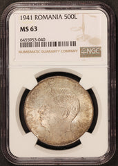 1941 Romania 500 Lei Silver Coin - NGC MS 63 - KM# 60