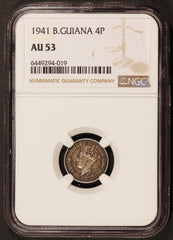1941 British Guiana 4 Four Pence Silver Coin - NGC AU 53 - KM# 30