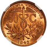 1942 Bolivia 50 Centavos Original Coin - NGC MS 66 RD - KM# 182a.1