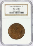 1943-I Australia One Penny Bronze Coin - NGC MS 64 BN - KM# 36