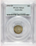 1943-D Australia 3 Pence Silver Coin - PCGS MS 64 - KM# 37