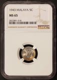 1943 Malaya 5 Cents Silver Coin - NGC MS 65 - KM# 3a