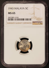 1943 Malaya 5 Cents Silver Coin - NGC MS 65 - KM# 3a