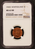 1943-C Canada Newfoundland Small 1 One Cent Coin - NGC MS 62 RB - KM# 18