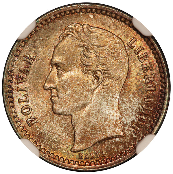 1945 Venezuela 1/4 Bolivar 25 Centimos Silver Coin - NGC MS 66 - Y# 20