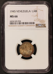 1945 Venezuela 1/4 Bolivar 25 Centimos Silver Coin - NGC MS 66 - Y# 20