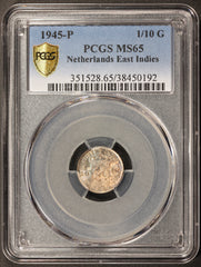 1945-P Netherlands East Indies 1/10 Gulden Silver Coin - PCGS MS 65 - KM# 318