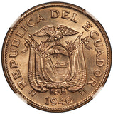 1946 Ecuador 20 Centavos Coin - NGC MS 65 - KM# 77.1b