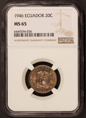 1946 Ecuador 20 Centavos Coin - NGC MS 65 - KM# 77.1b