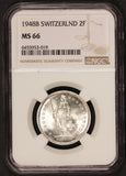 1948-B Switzerland 2 Francs Silver Coin - NGC MS 66 - KM# 21