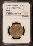 1948 Cameroon 2 Francs Essai Copper-Nickel Coin Lec-22 - NGC MS 62 - KM# E6