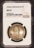 1952-B Switzerland 5 Francs Silver Coin - NGC MS 65 - KM# 40