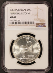 1953 Portugal Financial Reform 20 Escudos Silver Coin - NGC MS 67 - KM# 585
