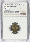 1954 AH1373 Tunisia 5 Francs Copper-Nickel Essai Pattern Coin - NGC MS 64 - KM# E31