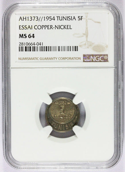 1954 AH1373 Tunisia 5 Francs Copper-Nickel Essai Pattern Coin - NGC MS 64 - KM# E31