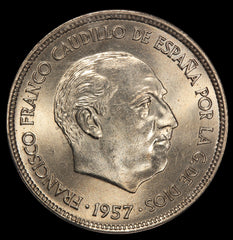 1957 (71) Spain 25 Pesetas Coin - ANACS MS 66 - KM# 787