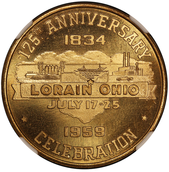 1959 Lorain, Ohio 125th Ann. Good for 50 Cents Gold Gilt Token - NGC MS 67 PL