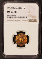 1959 Dominican Republic One Centavo Bronze Coin - NGC MS 63 RB - KM# 17