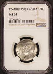 KE4292 (1959) Korea 100 Hwan Coin - NGC MS 64 - KM# 3