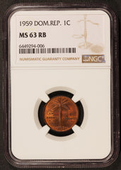 1959 Dominican Republic 1 One Centavo Bronze Coin - NGC MS 63 RB - KM# 17