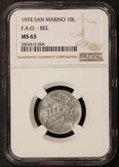 1974 San Marino F.A.O. Bee 10 Lire Coin - NGC MS 63 - KM# 33