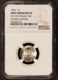 1987 U.S. Lincoln Cent Overstruck on Roosevelt Dime Double Denomination ERROR - NGC MS 65