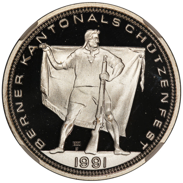 1991 Switzerland Bern Langenthal 50 Francs Shooting Medal Silver Coin NGC PF 69