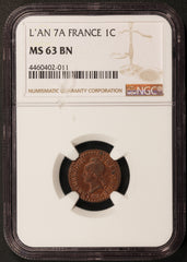 L'AN 7-A (1798-99) France 1 One Centime Coin - NGC MS 63 BN - KM# 646