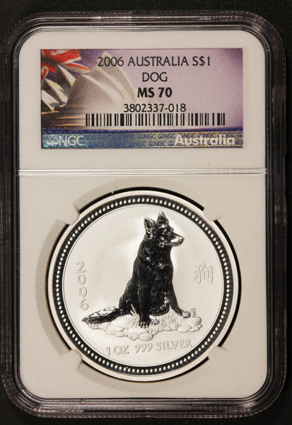 2006 Australia $1 Lunar Series I Year of the Dog 1 oz Silver Coin - NGC MS 70