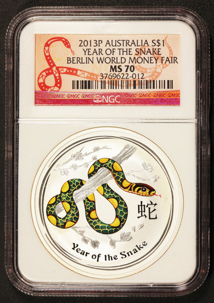 2013 Australia Year of the Snake Colorized Berlin 1 oz Silver Coin NGC MS 70