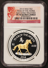 2014 Niue $2 Lunar Year of the Horse Gold Gilt 1 oz Silver Coin - NGC PF 70 UCAM