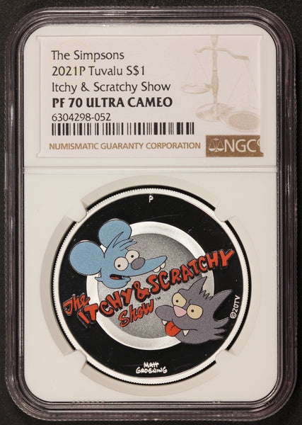 2021 Tuvalu $1 The Simpsons Itchy & Scratchy 1 oz Silver Coin - NGC PF 70 UCAM